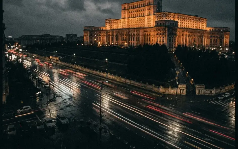 Bucharest at night from an elevated traffic-camera viewpoint, one of the seven Rush Hour feeds