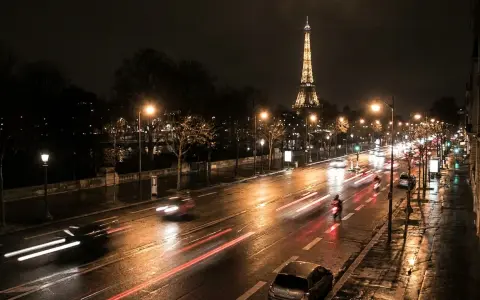 Paris at night, seen from an elevated traffic-camera viewpoint